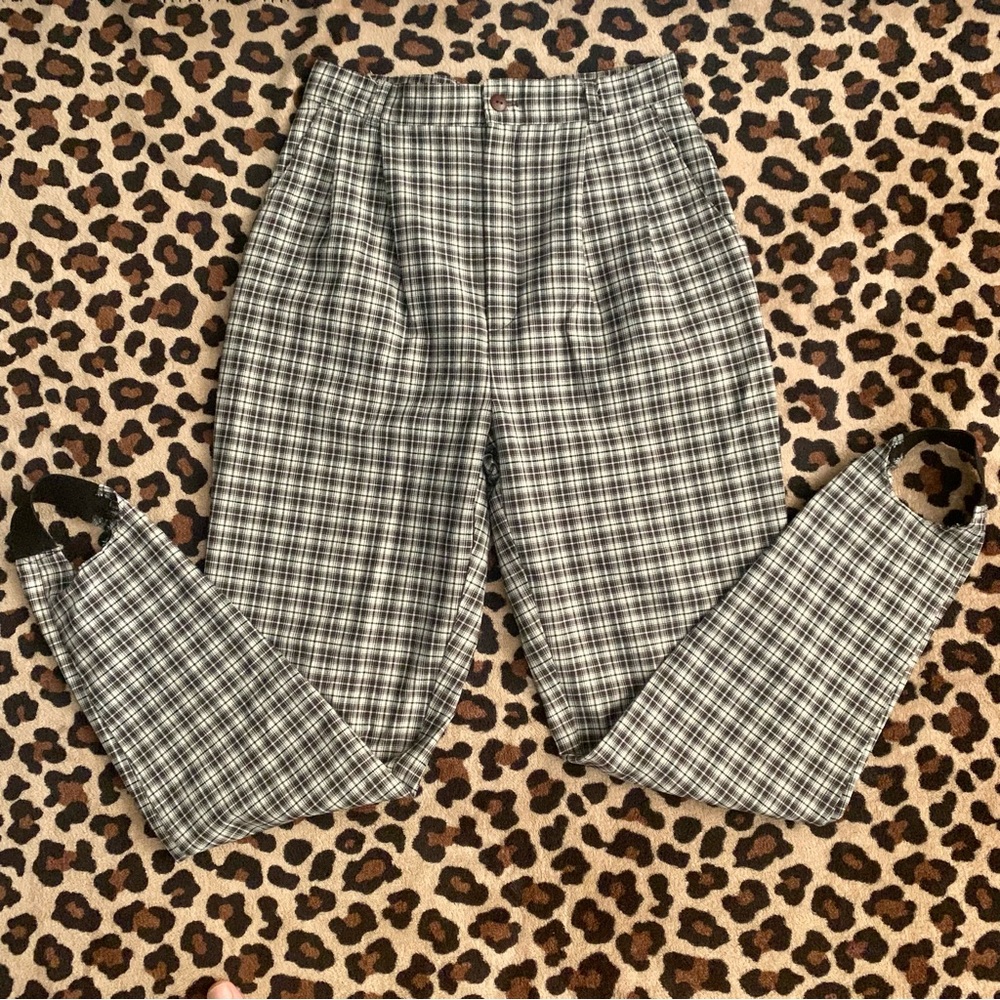 80s 90s vintage pleated flannel checkered stirrups pants